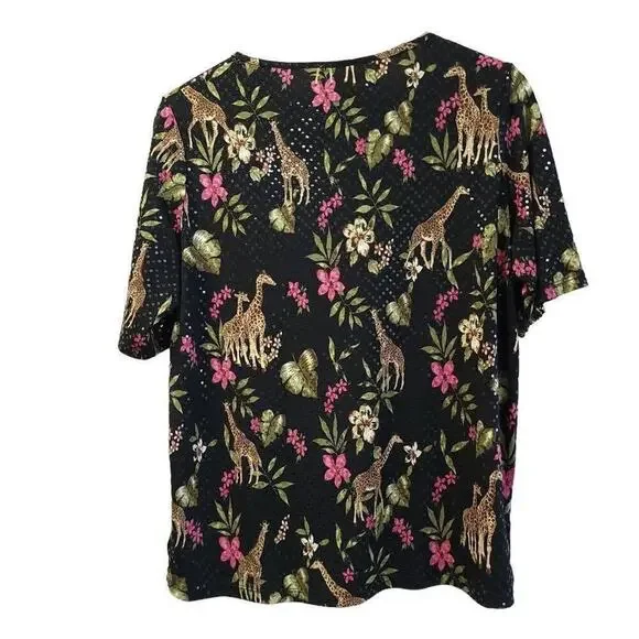 Bon Worth Giraffe Tshirt Size Medium Sequins Flowers Floral Black Pink - Picture 2 of 4